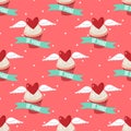 Valentine`s Day seamless pattern of cute cupcakes with red heart with wings and Be mine text on green ribbon on red background. Royalty Free Stock Photo