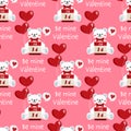 Valentine`s Day seamless pattern of cute polar bear with calendar February 14, heart shape balloons and Be mine Valentine.