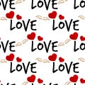 Valentine`s Day seamless pattern of red hearts, little wings and Love text on white background. Royalty Free Stock Photo