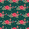 Valentine`s Day seamless pattern with red rose, love text with heart on green background. Royalty Free Stock Photo