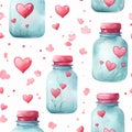 Valentine\'s day seamless pattern with watercolor glass jars and hearts