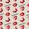 Valentine s day seamless pattern with wedding ring in red box, red heart and red lipstick kiss vector Royalty Free Stock Photo