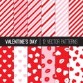 Valentine`s Day Seamless Patterns with Red, White and Pink Stripes, Hearts, Lips and Kisses, Lipstick Marks Royalty Free Stock Photo