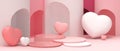 Valentine`s Day sells banners and product platforms with big heart balloons with elements of love on red door and wall background