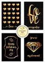 A Valentine`s day set of cards with black background and gold decorations