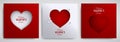 Valentine`s day set. Greeting card, poster, flyer, banner design collection. Cutted paper heart on striped satin background