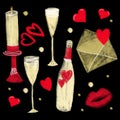 Valentine's day set of hand painted illustrations isolated on black background