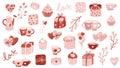 Valentine s Day set love elements, balloons, hearts, envelope, mugs, cupcake, ice cream. Suitable for stickers, party Royalty Free Stock Photo