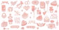 Valentine s Day set love elements, balloons, hearts, envelope, mugs, cupcake, ice cream. Suitable for stickers, party Royalty Free Stock Photo