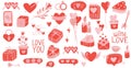 Valentine s Day set love elements, balloons, hearts, envelope, mugs, cupcake, ice cream. Suitable for stickers, party Royalty Free Stock Photo