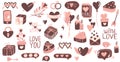 Valentine s Day set love elements, balloons, hearts, envelope, mugs, cupcake, ice cream. Suitable for stickers, party Royalty Free Stock Photo