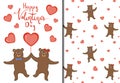 Valentine`s Day set of pattern and postcard with cute bears. Cartoon style. Vector illustration Royalty Free Stock Photo