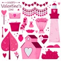 Valentine`s day set. Pink house, candy, gift, flowers, trees