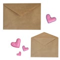 Valentine`s day set: recycled Kraft paper envelopes and felt hearts