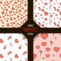 Valentine`s Day set of seamless patterns. Cartoon style. Vector illustration Royalty Free Stock Photo