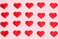 Valentine`s Day. Smooth even rows of red hearts on a pink background. Flat lay. Top view. Minimal concept