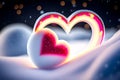 Valentine's day soft snow hearts card with snow bokeh background