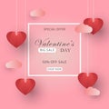 Valentine`s Day Special Offer Sale Illustration in the pink background, with white border, clouds and hanging origami hearts. Desi Royalty Free Stock Photo