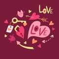 Valentine`s day stickers. Decor and symbols for Valentine`s Day. Icon set. Heart key, Cupid`s arrows, kisses, love