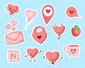 Valentine`s Day stickers. Heart, castle, cup, cloud, love