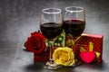 Roses, wine and gift boxes