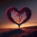 Valentine`s Day. A Stunning Sunset Image of a Tree in the Shape of a Heart in a Field. Ai generated art illustration