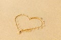 Valentine`s day on a sunny beach. Heart drawn in the sand, concept of love. Relax on the sandy beach. Copy space. Royalty Free Stock Photo
