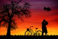 Valentine`s Day sunset background with couple and tree