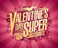 Valentine`s day super discounts, going on now, holiday sale web banner design template with sparkles golden lettering Royalty Free Stock Photo