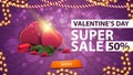 Valentine`s day super sale, up to 50% off, purple discount banner with garlands, orange button and two hearts with a rose