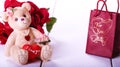 Valentine`s Day with sweet bear, gift and white background and hearts