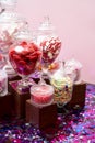 Valentine`s day sweets set. Colorful candies, jellies, lollipops, marshmallows Royalty Free Stock Photo