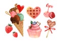 Valentine`s day sweets watercolor elements isolated set