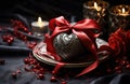 valentine's day table decoration heart ribbons, silverware, chocolates Royalty Free Stock Photo