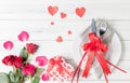 Valentine`s day table setting with plate, fork, knife, Royalty Free Stock Photo