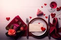 Valentine\'s Day table setting. With roses, glass of wine. Generative AI.