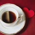 Valentine\'s day tea set with cup of coffee, couple red hearts and greeting card Royalty Free Stock Photo