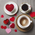 Valentine\'s day tea set with cup of coffee, couple red hearts and greeting card Royalty Free Stock Photo