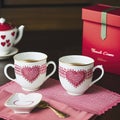 Valentine\'s day tea set with cup of coffee, couple red hearts and greeting card Royalty Free Stock Photo