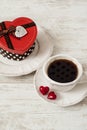 Valentines day tea set with cup of coffee and gift Royalty Free Stock Photo