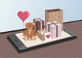 Teddy Bear and clorful gifts on phone. Valentine`s day. Isometric Illustration