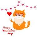 Valentine`s day template greeting card with cute cat. Happy Valentine`s day, Love you text. Holiday concept. Vector illustration Royalty Free Stock Photo