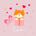 Valentine`s day template greeting card with cute cat. Happy Valentine`s day, Love you text. Holiday concept. Vector illustration Royalty Free Stock Photo