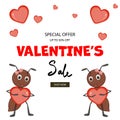 Valentine`s Day template for your text with cute ants. Cartoon style. Vector illustration