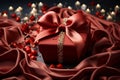 Valentine\'s Day theme background. A luxurious image of a red satin ribbon forming a heart shape.