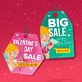 Valentine s Day Theme Sale Tags Vector. Flat Paper Hanging Love Stickers. Cupid. February 14 Discount Hanging Banners