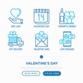 Valentines day thin line icons set: romantic evening, envelope, love message, gift delivery. Modern vector illustration Royalty Free Stock Photo