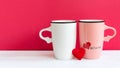 Valentine`s Day with two cup coffee red heart on the cup, wood white background, copy space  and banner for text Royalty Free Stock Photo