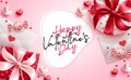 Valentine`s day vector design background. Happy valentine`s day text with gift boxes and love letter elements. Royalty Free Stock Photo