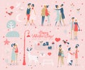 Happy Valentines Day. Valentines day greeting card in vintage style with cute couples